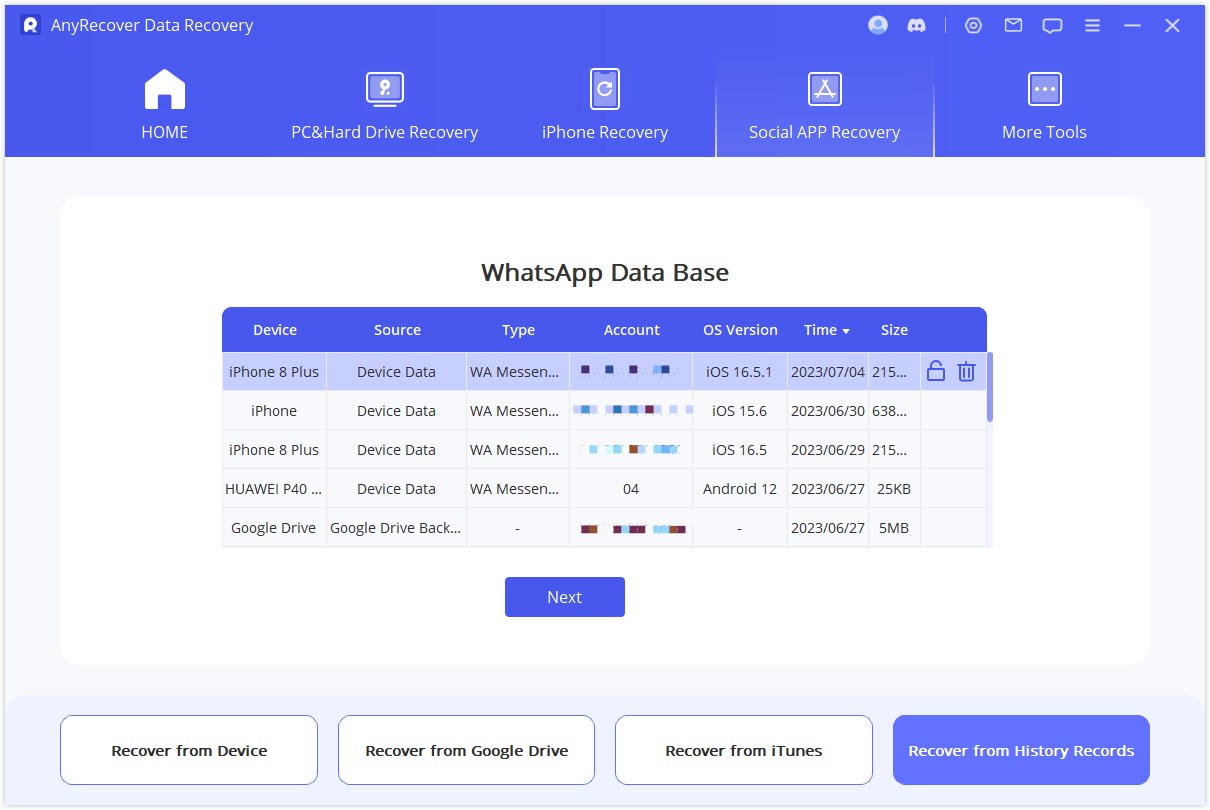 WhatsApp backup list from anyrecover history records