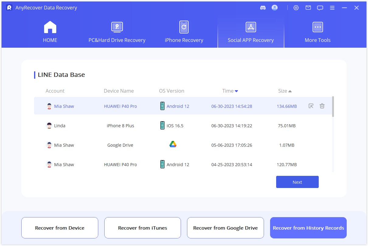 select data to restore