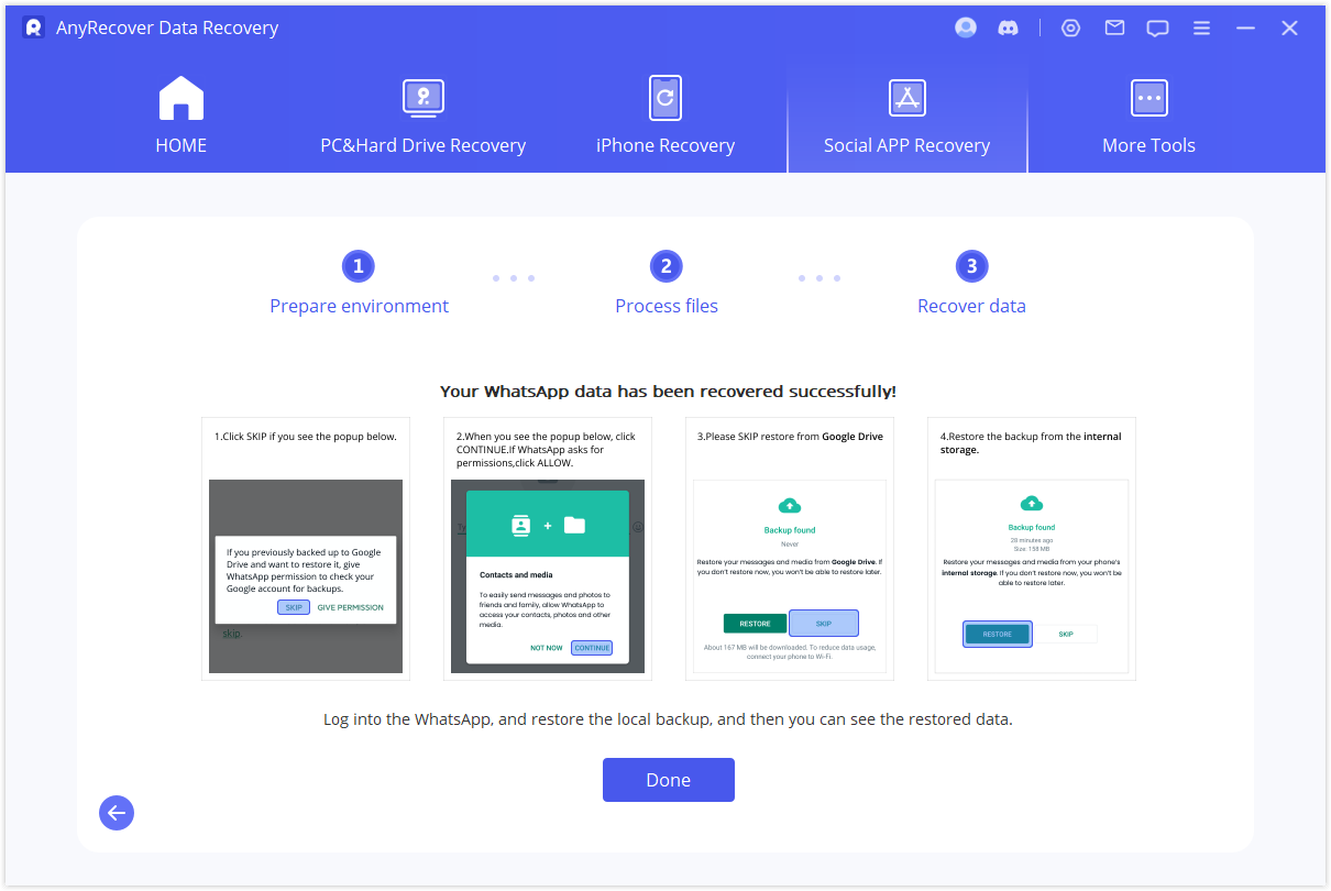 recover WhatsApp data to Android device done