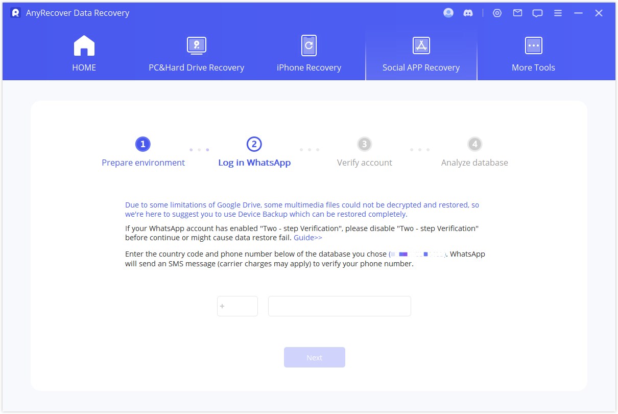 enter phone number and log in WhatsApp