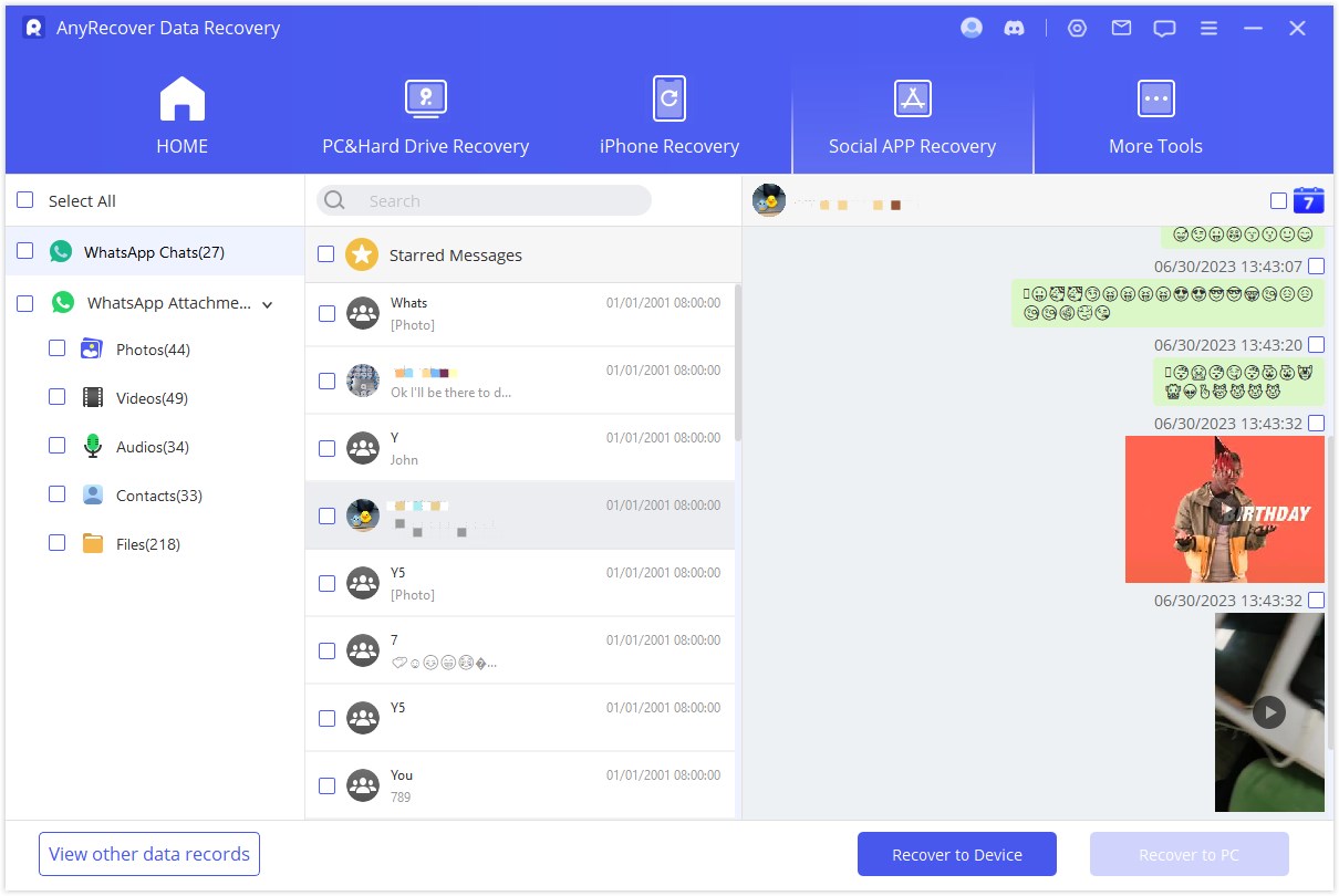 preview recoverable WhatsApp data on anyrecover 