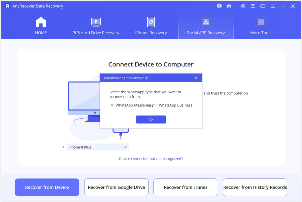 select WhatsApp data type
