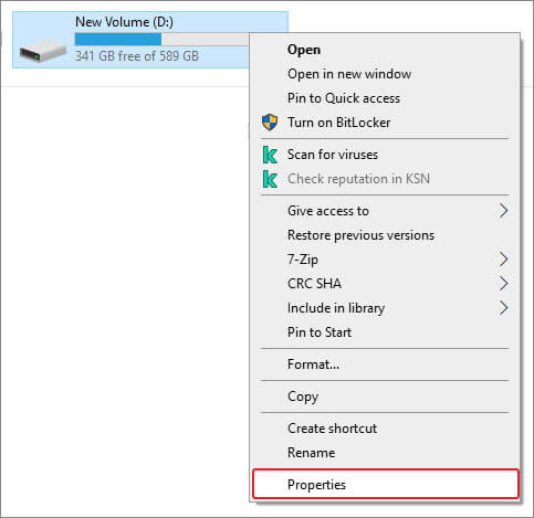 click on properties in windows