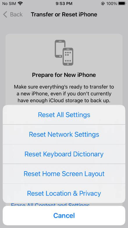reset iphone settings