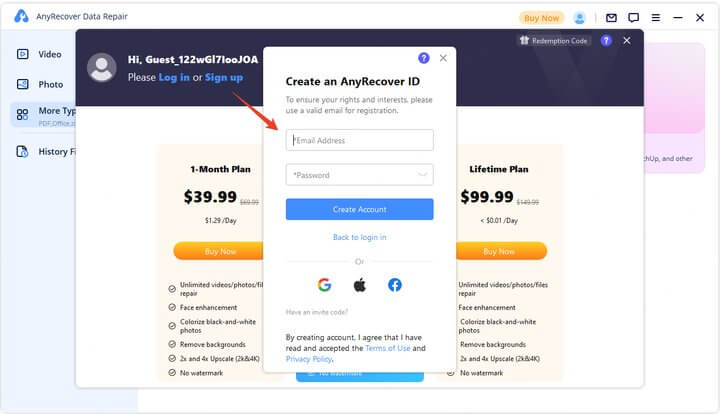 click sign up to create a new AnyRecover Data Repair account