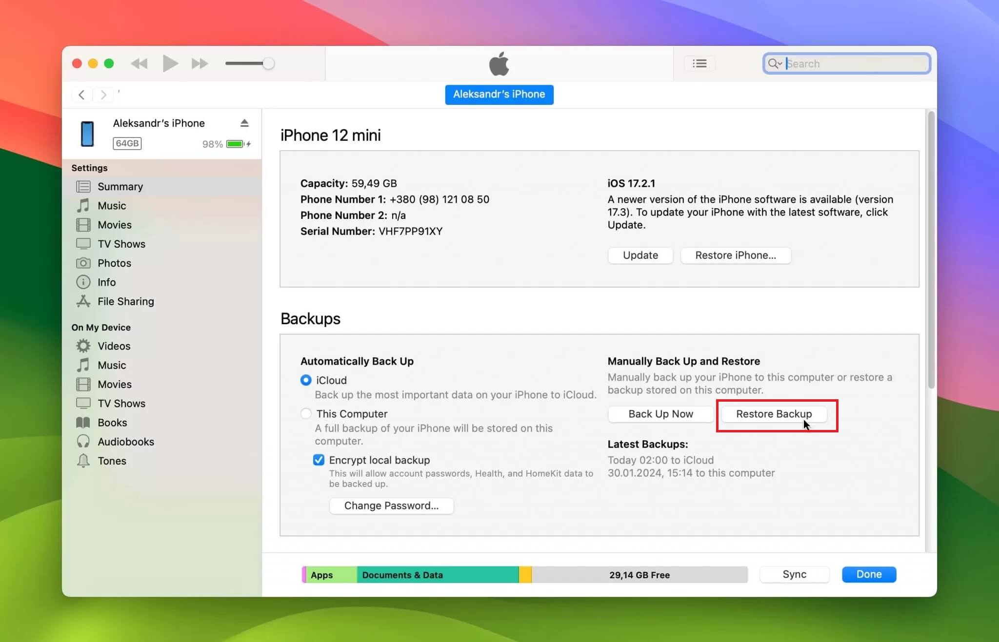click restore backup