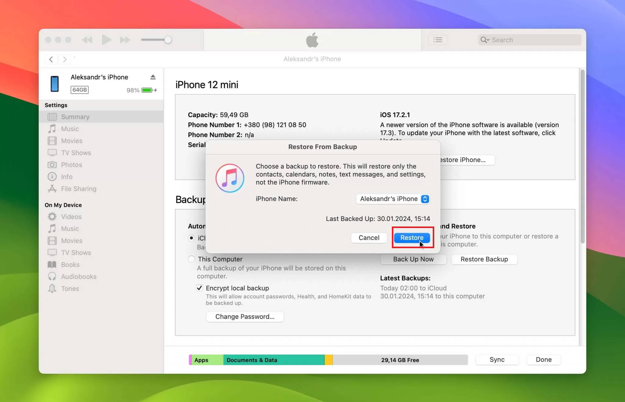click restore to continue