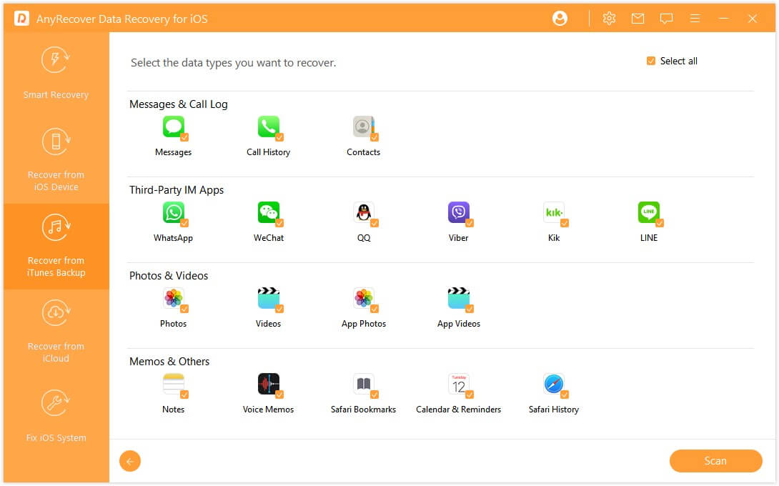 select call logs to recover from iTunes backup 