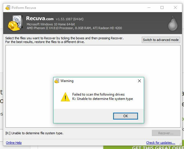 Recuva Failed to Scan the Following Drives