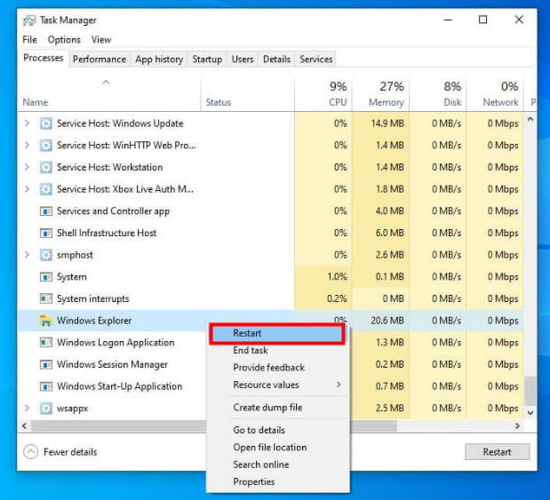 reset and restart file explorer options