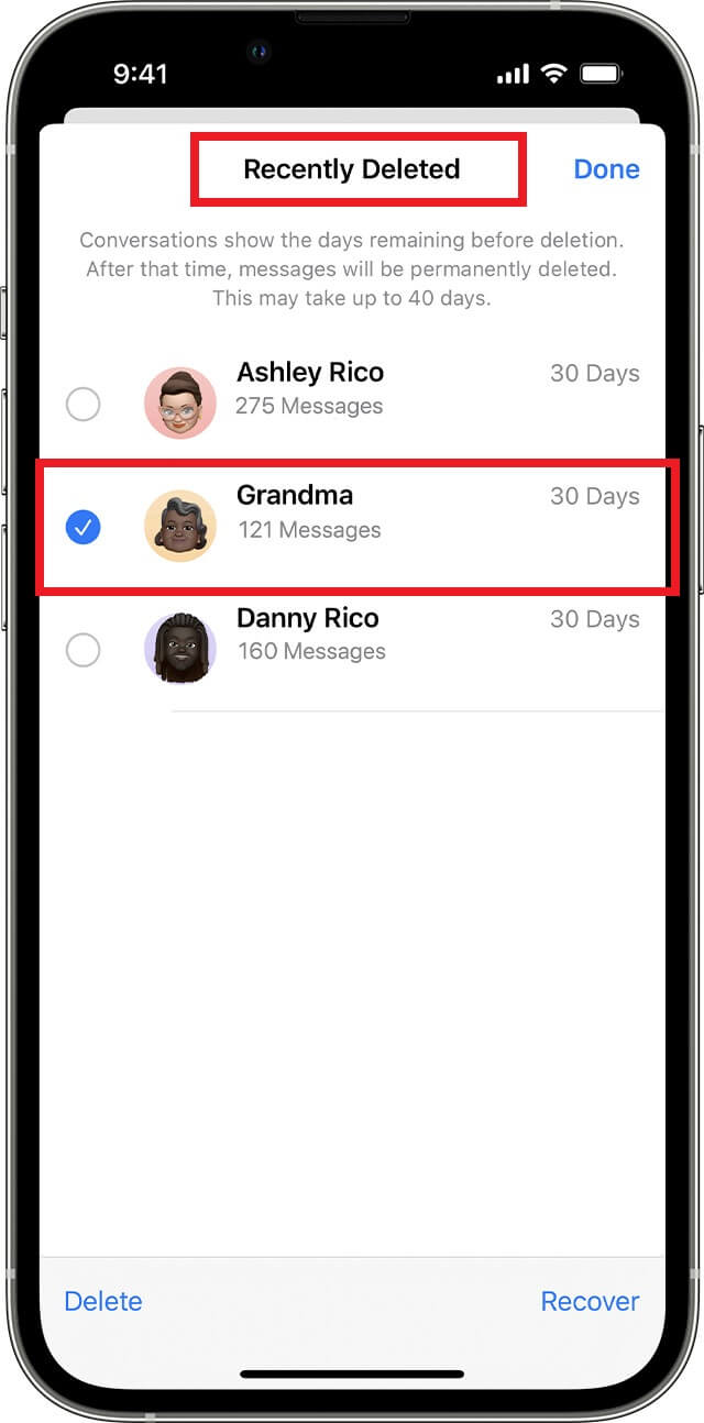 iPhone Recently Deleted messages folder interface