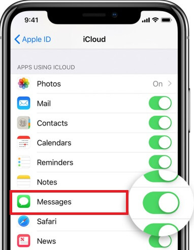 iCloud Messages toggle setting