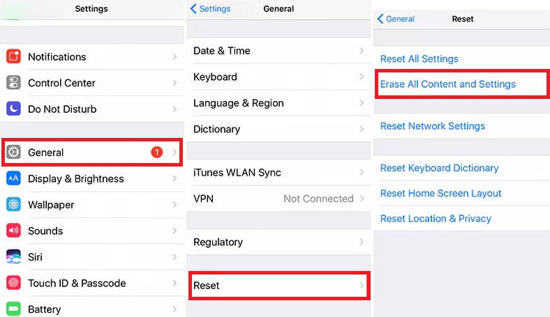 Reset options screen