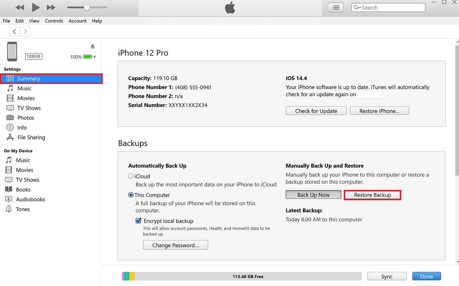 iTunes restore backup interface