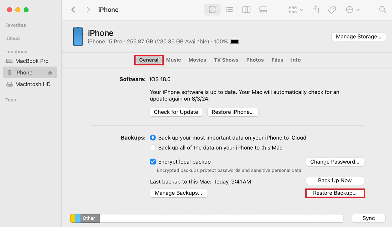 Finder restore interface