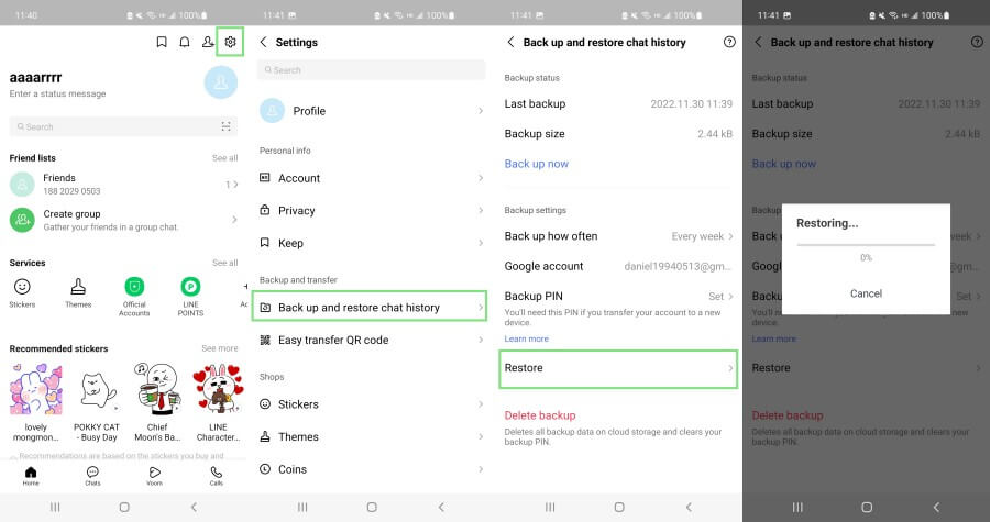 restore LINE chat history on Android