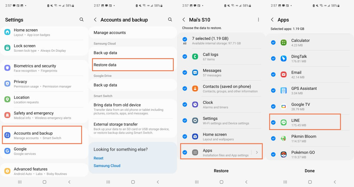 restore LINE call history from Samsung Cloud