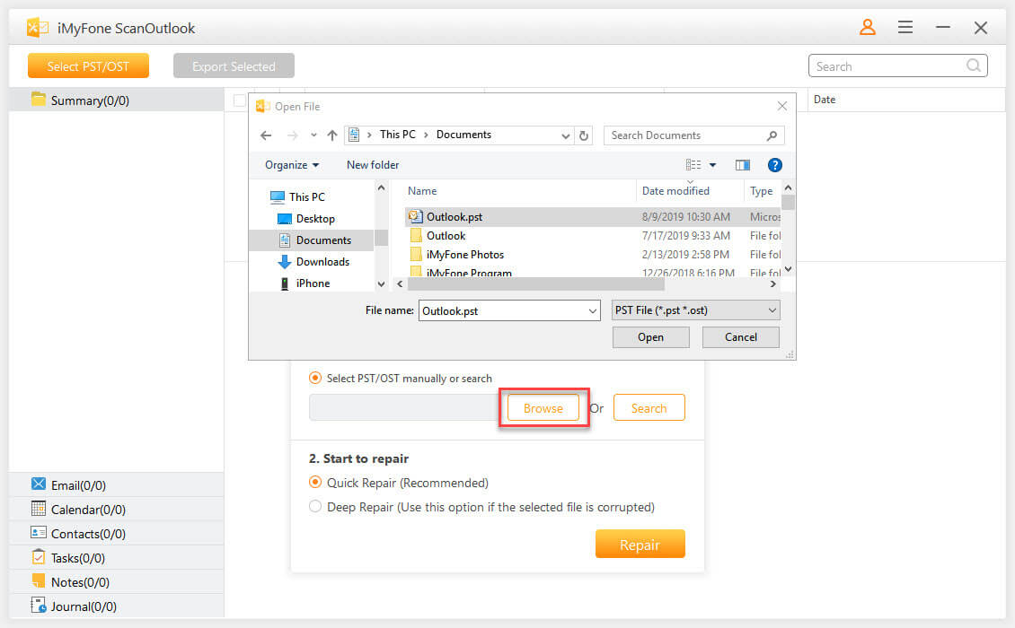 select pst ost manually