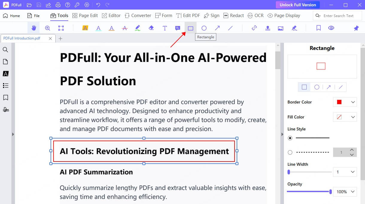 select the rectangle tool in pdfull