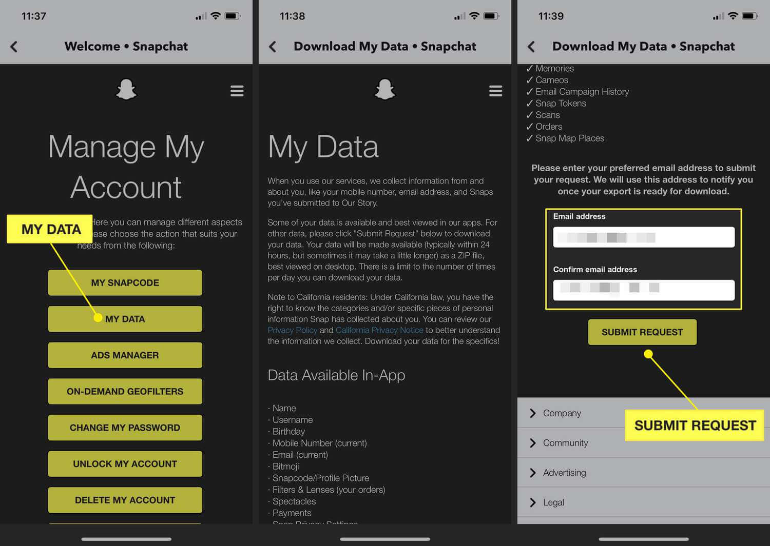 Snapchat download my data page