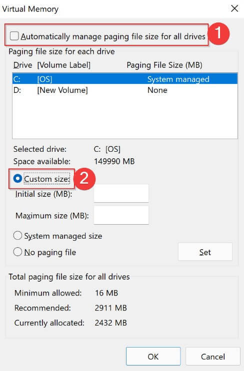 tapping the custom size