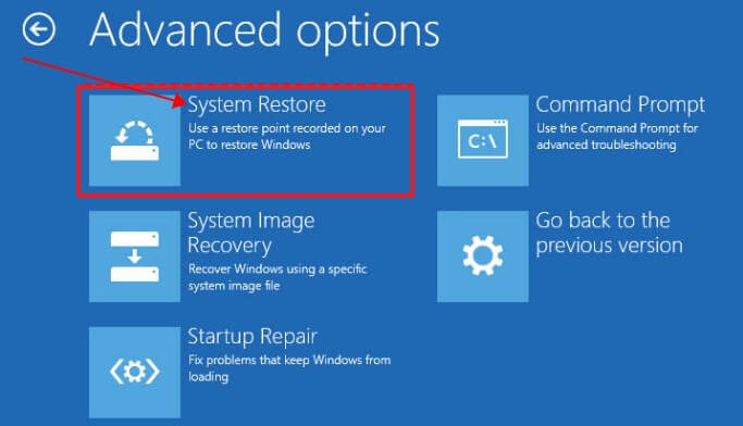 windows advanced options system restore
