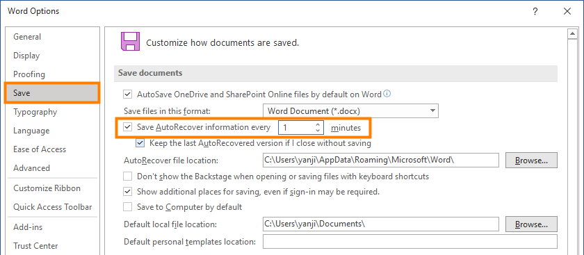 adjust autorecover settings