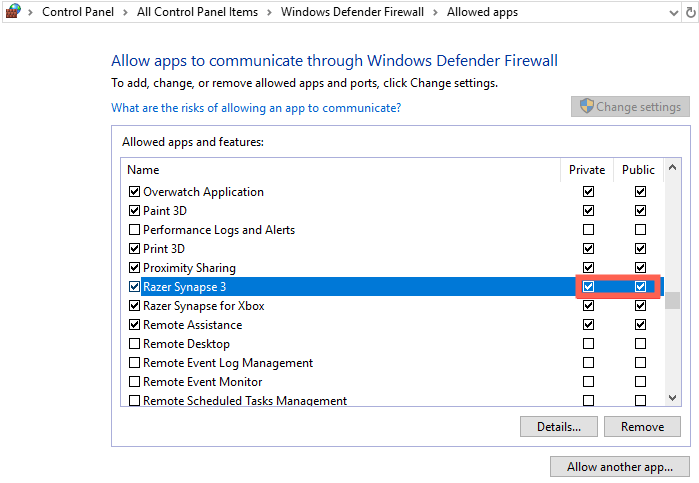 allow razer through windows defender firework