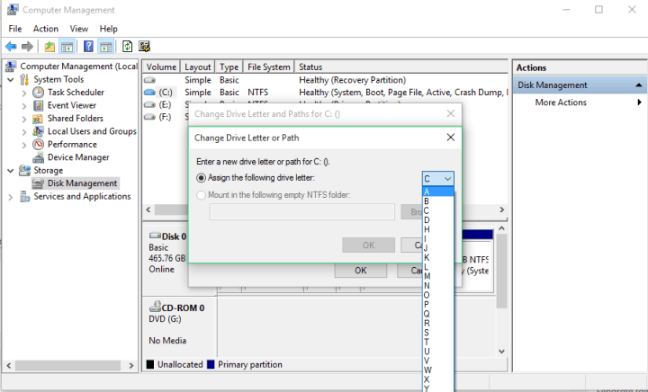 change or assign drive letter
