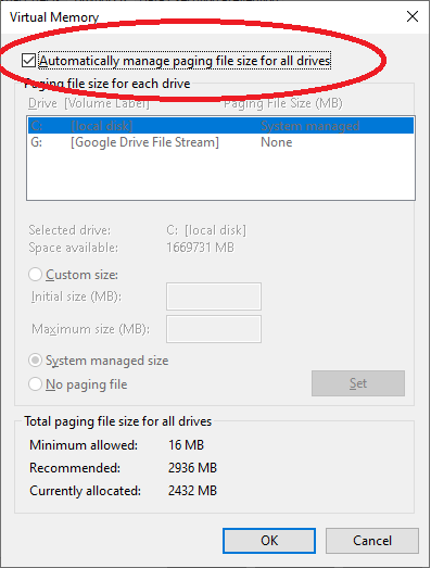 untick automatically manage paging file size