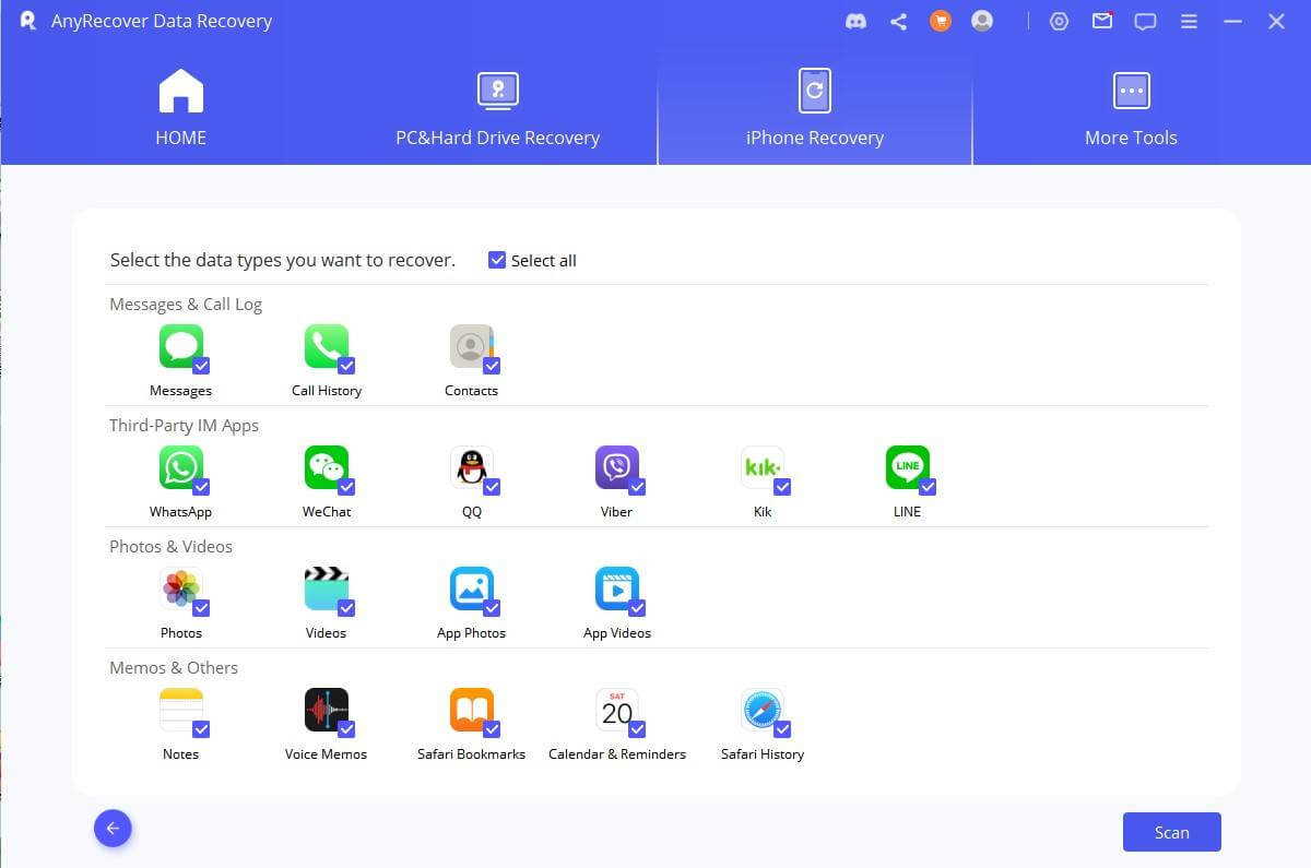 select the data types you want to recover