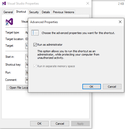 uncheck Run as administrator
