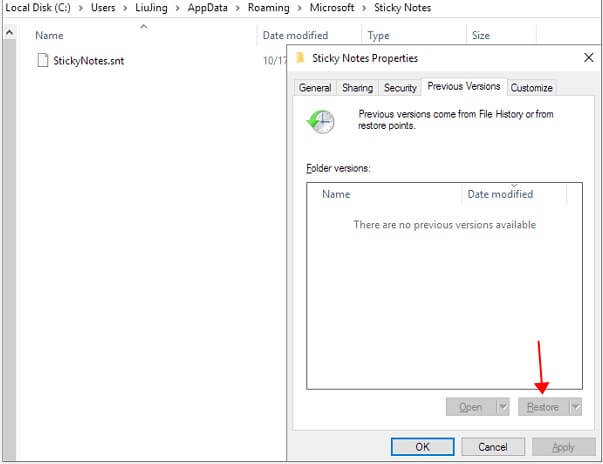 how to restore sticky notes from snt