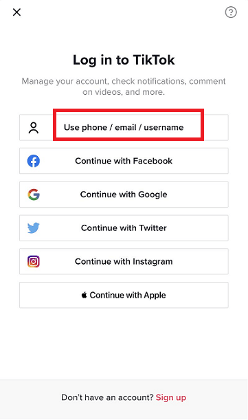 log in tiktok with username