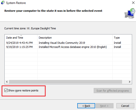 show more restore points