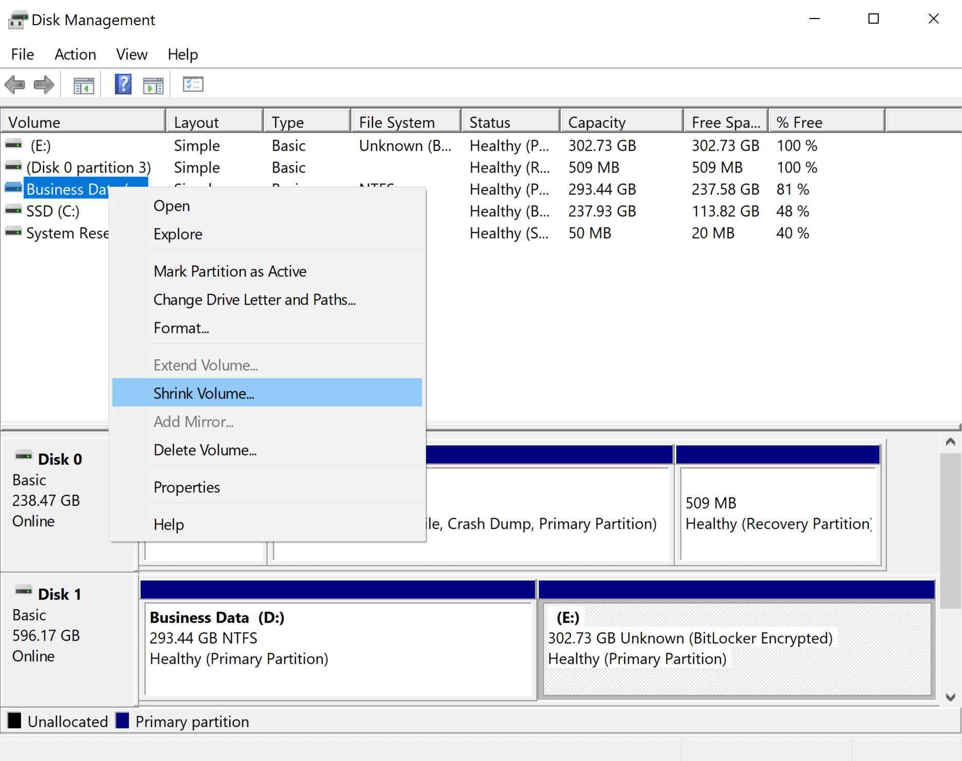shrink volume to fix virtual disk service error