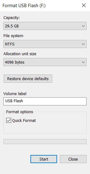 start to format thumb drive