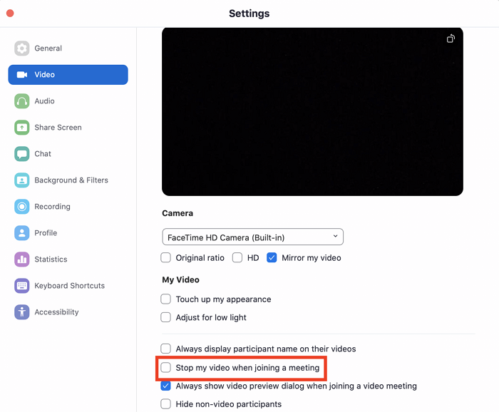 stop my video when joining a meeting