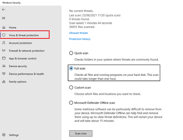 select a virus scan option